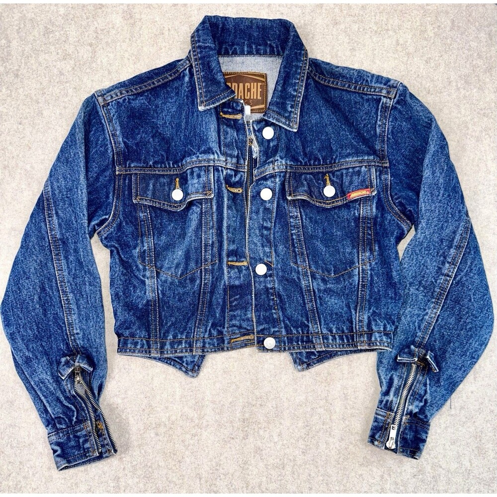 Vintage Jordache Cropped Denim Jacket Zipper Back Medium Acid Wash Denim Bows M